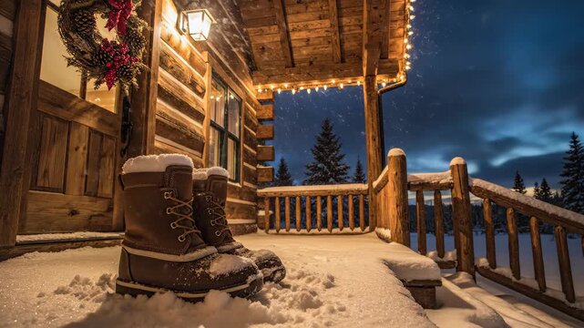 Pair of snow covered winter boots resting on porch of rustic log cabin during sunny cold weather