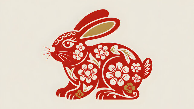 Red and gold ornate papercut style rabbit art for the Lunar New Year.