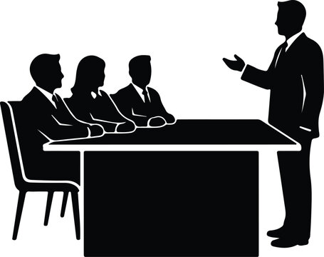 Silhouette of businessman presenting to panel of interviewers sitting at table illustration vector