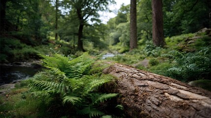 A fallen log rests by a lush stream amidst ferns in a serene forest setting