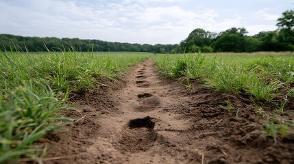 Obraz premium Footprints on a dirt path winding through a green field with trees in the background
