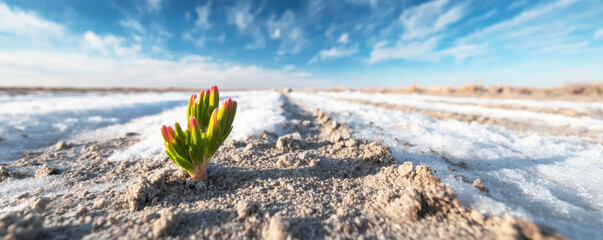 Obraz premium Green plant growing from arid icy ground under blue sky, representing hope, strength, and survival in extreme conditions
