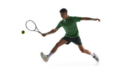 Tennis player wide forehand stretch isolated on white background. Concept of lateral movement...