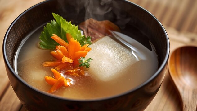 Zoni mochi soup with clear savory broth, chewy rice cake, vegetables, and light garnish, traditional Japanese New Year dish with clean presentation and comforting seasonal appeal