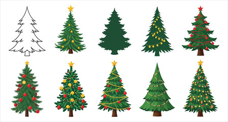 Fototapeta premium Set of green Christmas trees with snow and holiday decorations in winter forest cartoon style
