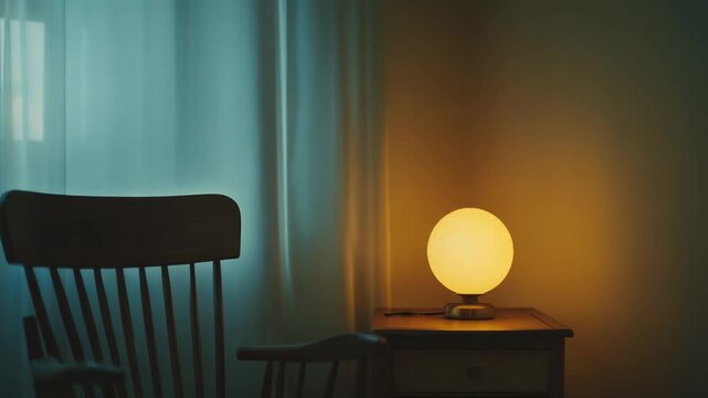 Empty room featuring a solitary wooden chair next to a bedside table with a glowing spherical lamp, creating a quiet and mysterious atmosphere in the dimly lit interior