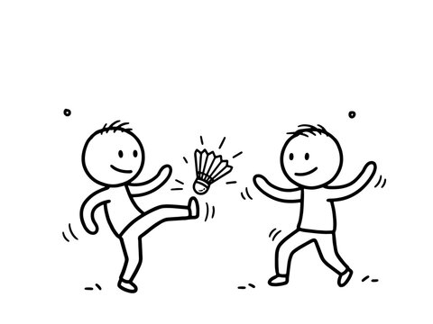 Minimalist black and white line art illustration of two stick figures playing the traditional sport of jianzi, kicking a feather shuttlecock.