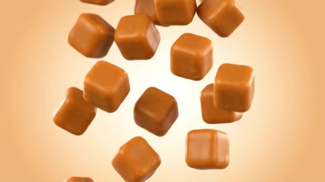 Slow motion tumbling of chewy caramel candy cubes with glossy shine