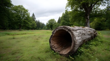 A large hollow fallen log rests in a grassy meadow with a backdrop of trees under an overcast sky