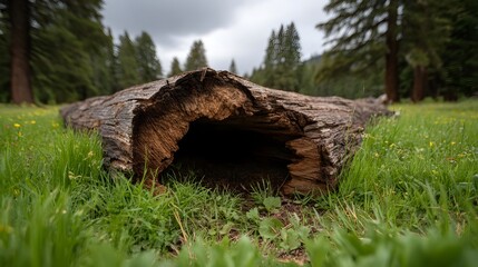 Naklejka premium A large hollow fallen log rests in a lush green meadow with a dense forest backdrop under a dramatic cloudy sky