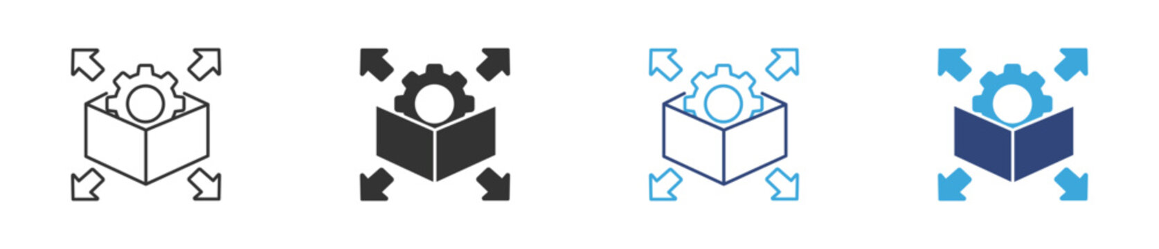 Expandable Package Icon Set. Box with Gear and Resize Arrows Symbols. Modular System and Product Scalability Concept. Vector Illustration.