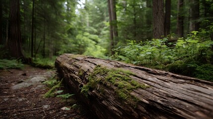 Fototapeta premium A weathered moss covered fallen log rests on a forest floor surrounded by lush green vegetation and ancient trees