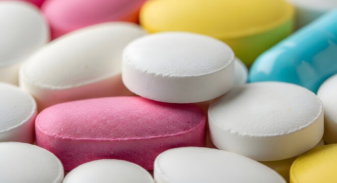 Close-up of tablets texture, macro medical photography