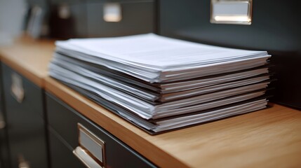 Fototapeta premium A neat stack of white papers rests on a wooden desk surface in an office setting with filing cabinets in the background