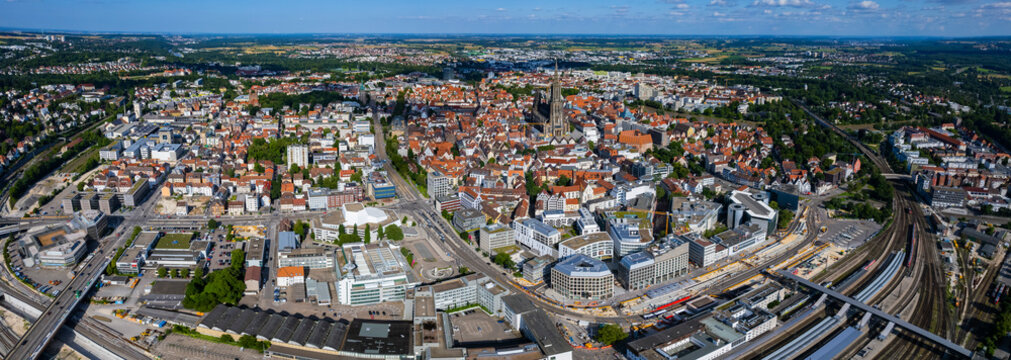 Aerial panoramic view of the city Ulm in Germany on a sunny spring afternoon.