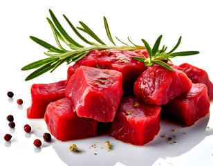 Cubes of fresh raw beef seasoned with spices and seasonings, cut out