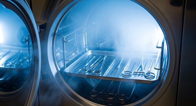 Medical stainless steel surgical instruments inside a professional sterilization autoclave machine with blue light