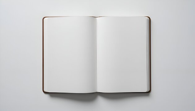 Blank open notebook with brown leather cover on white background mockup