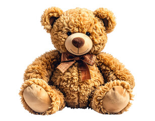Fototapeta premium Fluffy brown teddy bear with stitched nose, button eyes, and plaid ribbon
