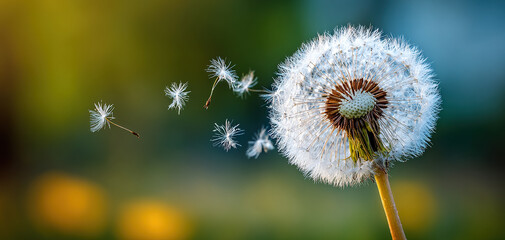 Obraz premium Dandelion seeds drift through the air on a sunny day in a green field full of flowers and plants