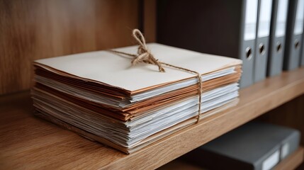 A stack of documents tied with twine sits on a wooden shelf alongside binders