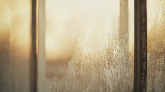 Sunlight diffusing through the textured glass window creates a warm, hazy glow and soft shadows, evoking feelings of privacy, solitude, and the passing of time