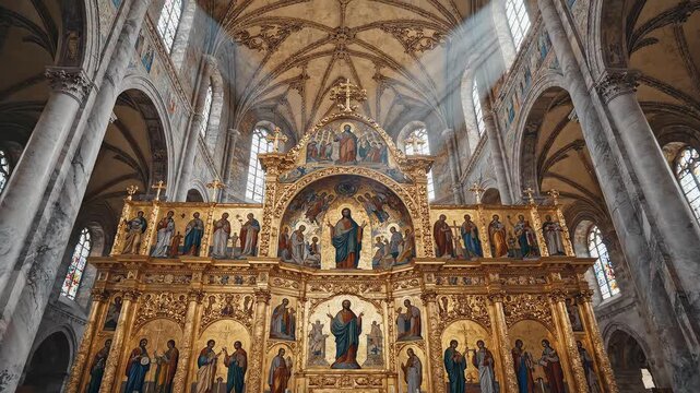 Interior of a grand cathedral with ornate altar