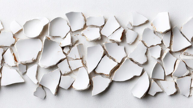 Fractured white clay tiles forming an abstract pattern on a textured background, concept of damage and renewal