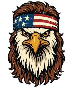 Funny Patriotic Bald Eagle with Mullet Hair and American Flag Bandana Illustration
