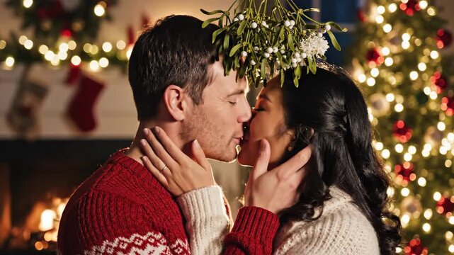 Couple sharing a happy moment under mistletoe indoors during holiday season