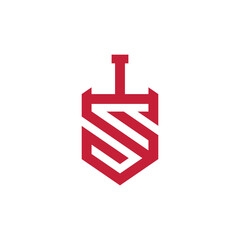 Fototapeta premium Modern and striking red sword and shield logo design representing strength, protection, and a strong identity, perfect for brands seeking a bold visual mark