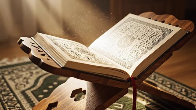 Open Quran with Arabic Calligraphy on a wooden stand with light rays During Ramadan