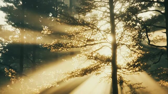 Sunbeams creating a striking visual, filtering through the foliage of forest trees and illuminating the misty air, symbolizing new beginnings, spirituality, and a peaceful natural environment