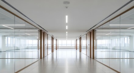 Fototapeta premium Modern office hallway with glass walls and natural light, reflecting floors, and wooden door frames leading to bright empty rooms with large windows.