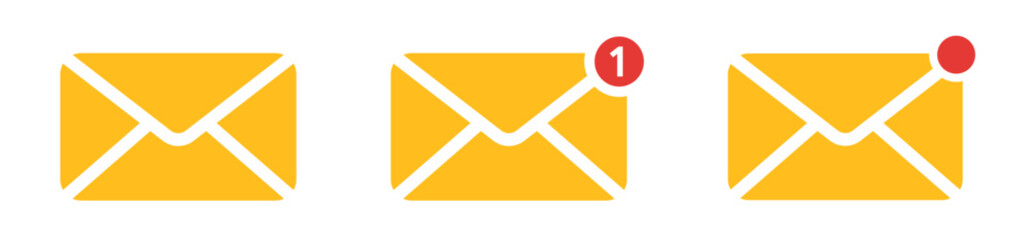 Email alert icon set. mail notification UI icons set showing envelope mail symbol, unread message indicator and alert badge. Solid yellow vector icons for app interface, inbox status and web UI