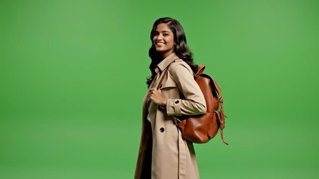 Smiling woman in a tan coat and backpack stands on a green screen