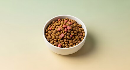 A white bowl filled with dry dog food and some pink pieces