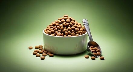 Pile of dry dog food in a white bowl with a scoop