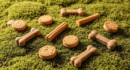 Healthy dog treats scattered on a vibrant green mossy surface