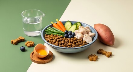 Healthy dog food bowl with fresh ingredients and water