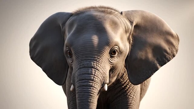 Detailed portrait of a young elephant with textured skin and a single tusk, facing camera