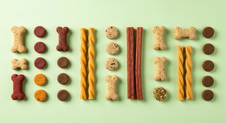 Assorted dog treats arranged in rows on a light green background