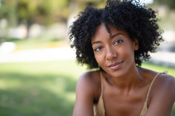 Smiling african female young adult in outdoor sunlit park