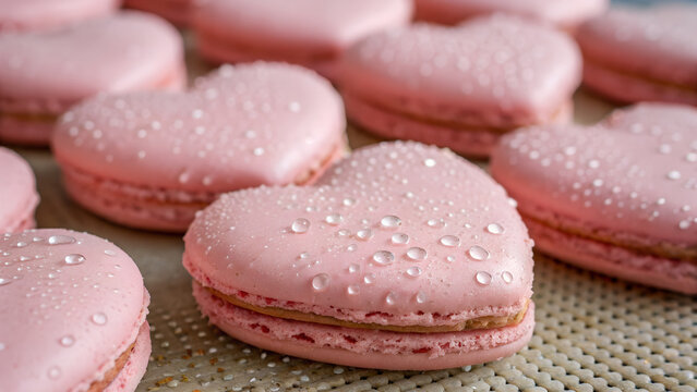 Delicious heart shaped French macaroons and strawberry cookies are arranged on a colorful pink background as a sweet traditional pastry dessert