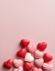 Obraz premium Valentine's day concept. heart shaped and striped pink, white and red candies on pale pink background with copy space