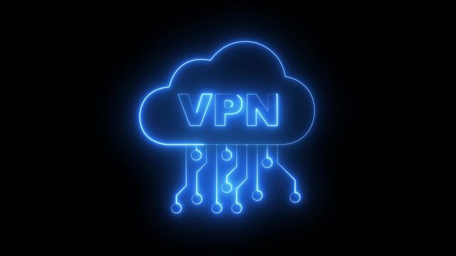 glowing neon Cloud VPN icon animation. VPN Cloud Icon with Connection Symbol on Black Background Virtual Private Network Security Symbols. Software integration. 4k video animation.