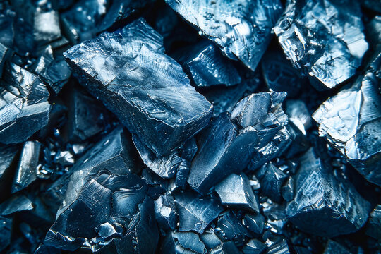 Macro photography of raw Tantalum (Ta) crystal block. Dark metallic rare earth mineral specimen with detailed rough structure on black background. Material for electronics and semiconductors.