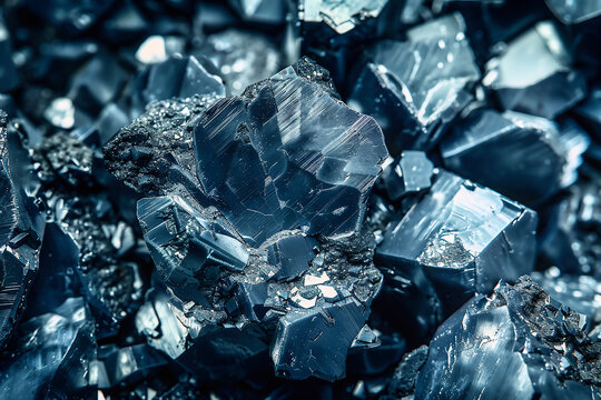 Artistic macro photography of faceted Tantalum metal crystal. Blue rare earth mineral specimen with sharp geometric structure and dramatic lighting.