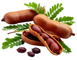 Green-leafed, fresh tamarind fruit pods and seeds, cut out