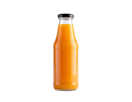Orange liquid in a clear glass bottle with a black cap